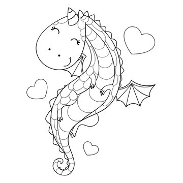 Cartoon baby dragon. Black and white linear drawing. Isolated image on a white background. For children's design of coloring books, prints, posters, cards, stickers, coloring books, puzzles, etc. Vect