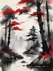 Foggy landscape with pine trees in the forest. Digital painting. AI Generated