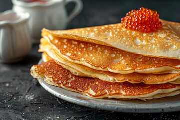 Food illustration, close-up of thin Russian pancakes with red caviar wrapped inside, white porcelain tableware, rustic style, delicacy.