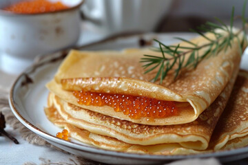 Food illustration, close-up of thin Russian pancakes with red caviar wrapped inside, white porcelain tableware, rustic style, delicacy.