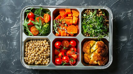 metal food tray with healthy and fresh vegetables and grilled meat