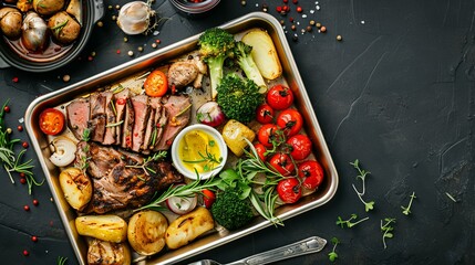 metal food tray with healthy and fresh vegetables and grilled meat