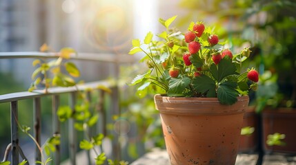 red and ripe strawberries growing in a clay pot on a sunny balcony mini garden