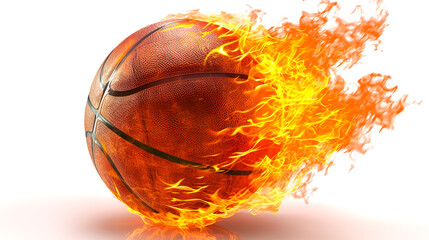 Basketball ball on fire isolated on a white background, A Basketball ball flying through the air with flame or fire concept, Basketball spinning fast with fire, Generative Ai