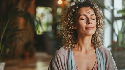 relaxed woman is meditating to find inner peace and stress relief - obrazy, fototapety, plakaty