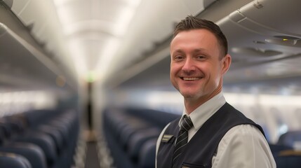 Fototapeta na wymiar smiling flight attendant standing in a plane aisle, rows of seats behind