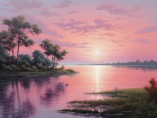A realistic painting depicting a vibrant sunset casting warm colors over a calm body of water, creating a tranquil and serene scene.
