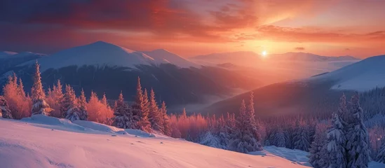 Photo sur Aluminium Corail Majestic snowy mountain landscape at sunset with colorful sky and beautiful natural scenery