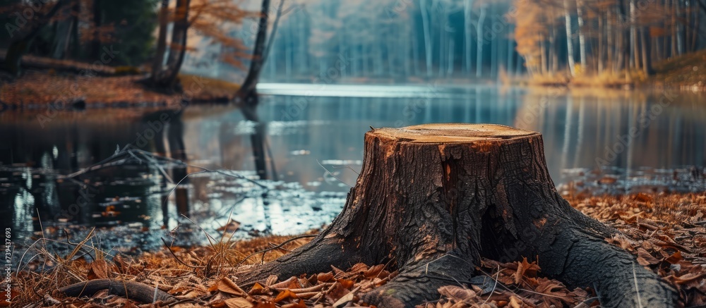 Poster serene view of a tree stump surrounded by a lush forest with a tranquil lake in the background