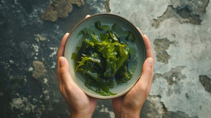 Food with sea veggies. Concept of healthy plant-based edible seaweed food. Vegan edible marine algae super food