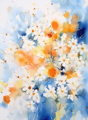 A digital painting showcasing a bouquet of white and orange flowers arranged beautifully in a vibrant blue vase. Perfect for adding a pop of color to any room.