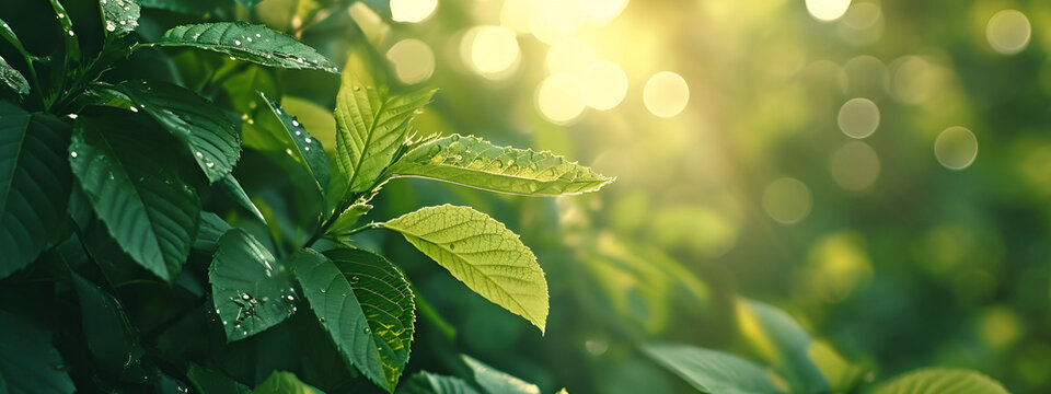 Beautiful natural spring summer defocused panoramic, abstract natural backgrounds with green foliage and beauty bokeh, Panoramic view of beautiful leaf in sunny day. Green nature, Generative Ai 
