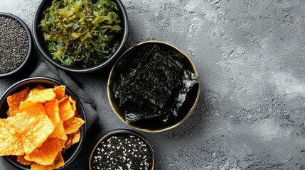 Organic natural seaweed chips. Edible algae superfood. Crispy dried nori  seaweed. Healthy sustainable food concept. - obrazy, fototapety, plakaty