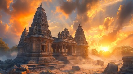 Ancient Hindu temple at sunrise, reflecting the vibrant and enduring spirit of Hinduism - obrazy, fototapety, plakaty