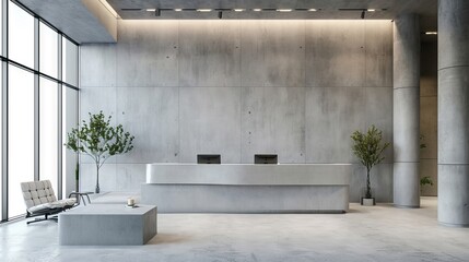 Interior of modern office lobby with concrete walls, concrete floor and reception desk with computers