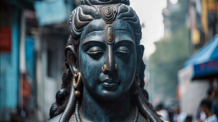 Antique Blue-Green Lord Shiva Statue Symbolizing Hindu Spirituality Amidst a Busy Street