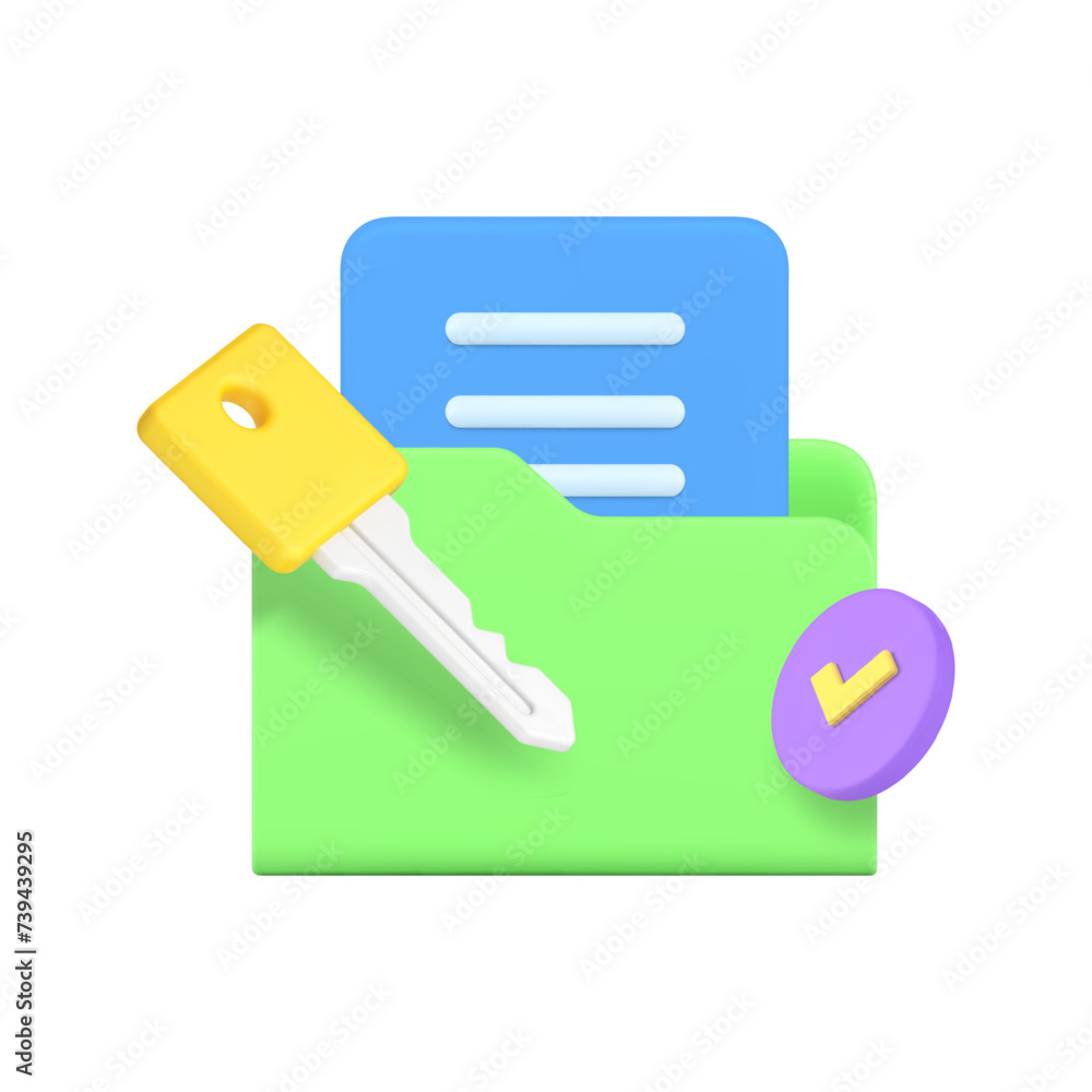 Poster document data information folder key takeaway password pass protection 3d icon realistic vector