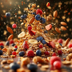 Explosión de fresas, arándanos y cereales. Generative AI. - obrazy, fototapety, plakaty
