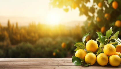 golden hour lemon citrus fruits on wooden table - obrazy, fototapety, plakaty