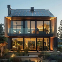 Diseño de vivienda de dos plantas con amplias ventanas y placas solares en su tejado. Generative AI.