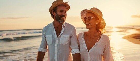 Romantic couple enjoying a leisurely stroll along the sandy beach at sunset - obrazy, fototapety, plakaty