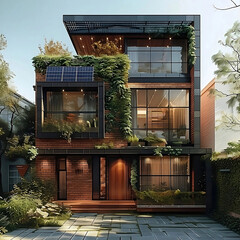 Diseño de vivienda futurista con 3 plantas e integración arquitectónica de placas solares en armonía con la naturaleza. Generative AI.
