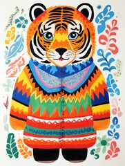 A detailed painting of a tiger wearing a bright and colorful sweater, showcasing intricate brush strokes and vibrant colors.