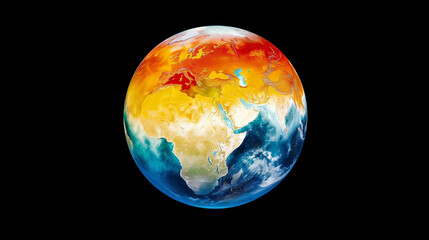 Globe of planet Earth with the north pole colored red-orange. The concept of ozone depletion. Black background.