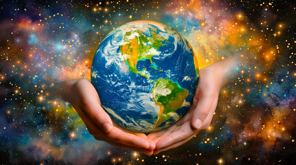 Human hands holding a globe of planet Earth, around a cosmic background of the universe with stars. 