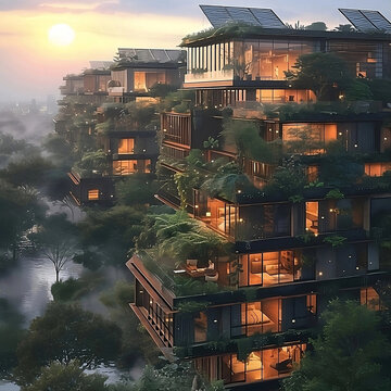 Bloques residenciales en la naturaleza con placas solares. Generative AI.
