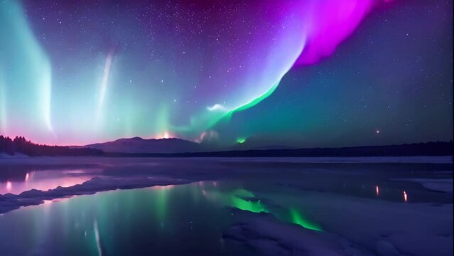 Aurora Borealis reflecting on a frozen lake. Generative Ai.