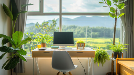 Fototapeta premium Peaceful Home Office Overlooking Mountainous Landscape 