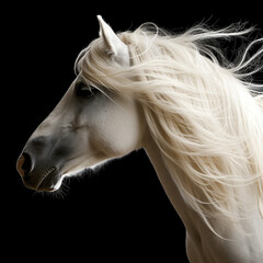 head profile closeup of long waving hair white horse
