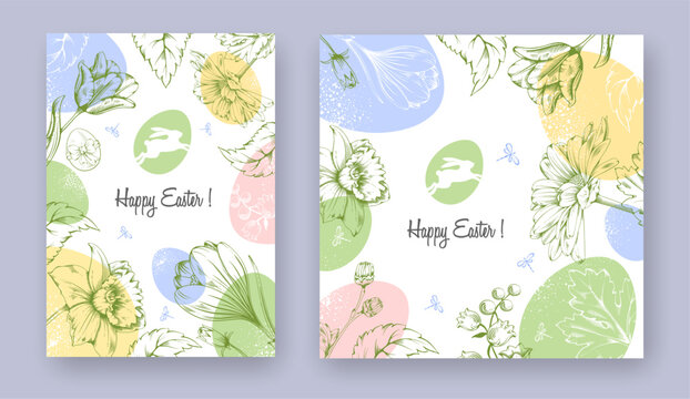 Easter vertical and square banner templates with colored eggs, hand drawn spring flowers, on light background with greeting text. Trendy and elegant minimal style. Vector illustration