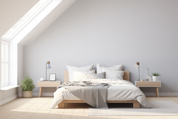 Fototapeta na wymiar White bedroom minimal style Interior design. Bright minimalist interior loft style room with indoor plants. Scandinavian style.