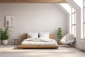 White bedroom minimal style Interior design. Bright minimalist interior loft style room with indoor plants. Scandinavian style.

