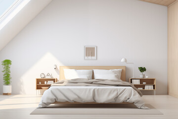 White bedroom minimal style Interior design. Bright minimalist interior loft style room with indoor plants. Scandinavian style.

