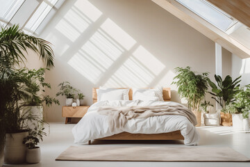Fototapeta premium White bedroom minimal style Interior design. Bright minimalist interior loft style room with indoor plants. Scandinavian style.