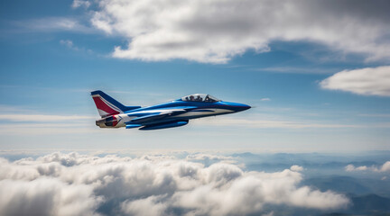 High-Altitude Flight of a Blue and White Jet Aircraft Above the Clouds - obrazy, fototapety, plakaty