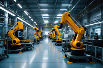 Automated Robotic Arms Assembling Products in a High-Tech Factory - obrazy, fototapety, plakaty