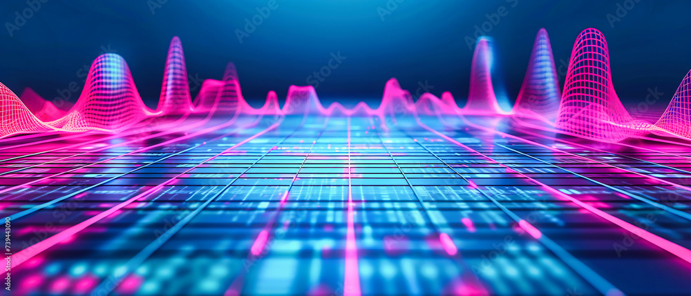 Poster the rhythm of technology: an abstract, digital wave of sound and light, capturing the dynamic inters