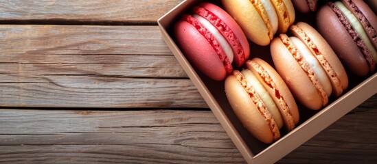 Delicious assorted macarons in a rustic wooden box on a vintage table