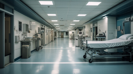 Naklejka na ściany i meble Long hospital bright corridor with rooms and blue seats 3D rendering