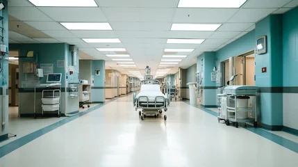 Fotobehang Long hospital bright corridor with rooms and blue seats 3D rendering © MALIK
