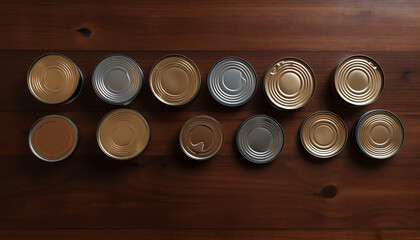 Many closed tin cans on brown table flat lay Space
