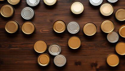 Many closed tin cans on brown table flat lay Space