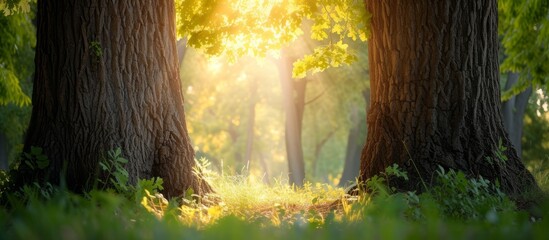 Sunlit forest landscape with lush green trees and grass in the sunlight