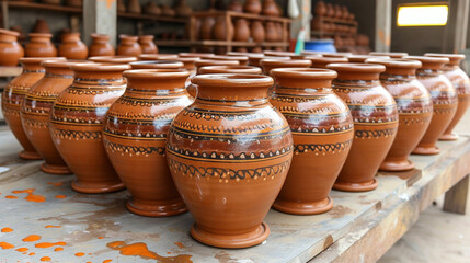 Row of Brown Vases on Table