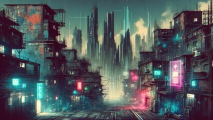 Fototapeta premium a futuristic cyberpunk cityscape, atmospheric fog shrouds the alleyways where glowing neon signs illuminate the urban landscape.