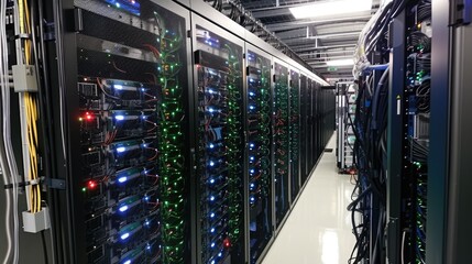 Interior of a modern data center server room with racks of servers and blinking LED lights, representing high-speed data processing and cloud computing services.
